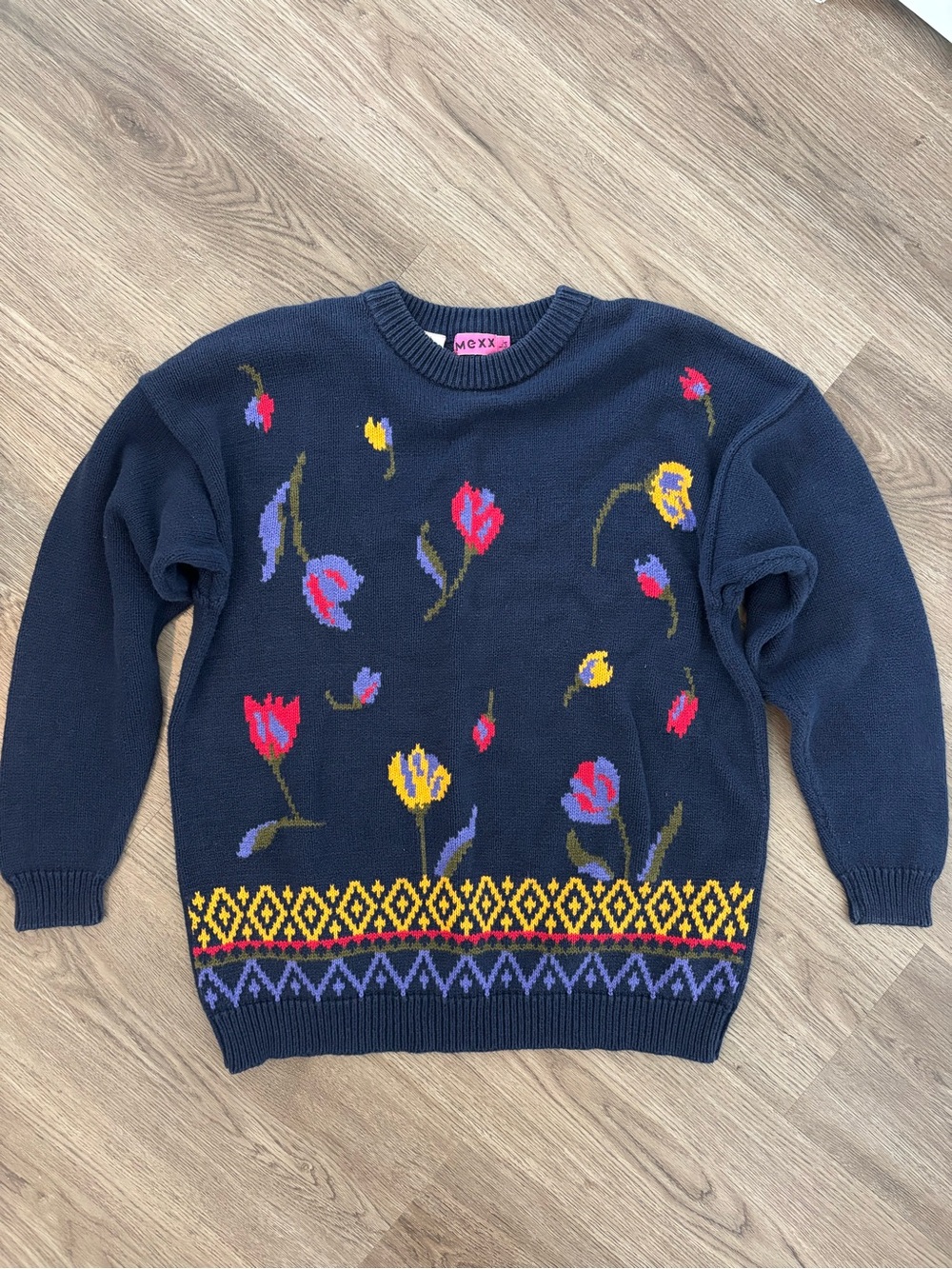 Vintage MEXX Navy Floral Tulip 100% Cotton Knit Pullover Crewneck Sweater